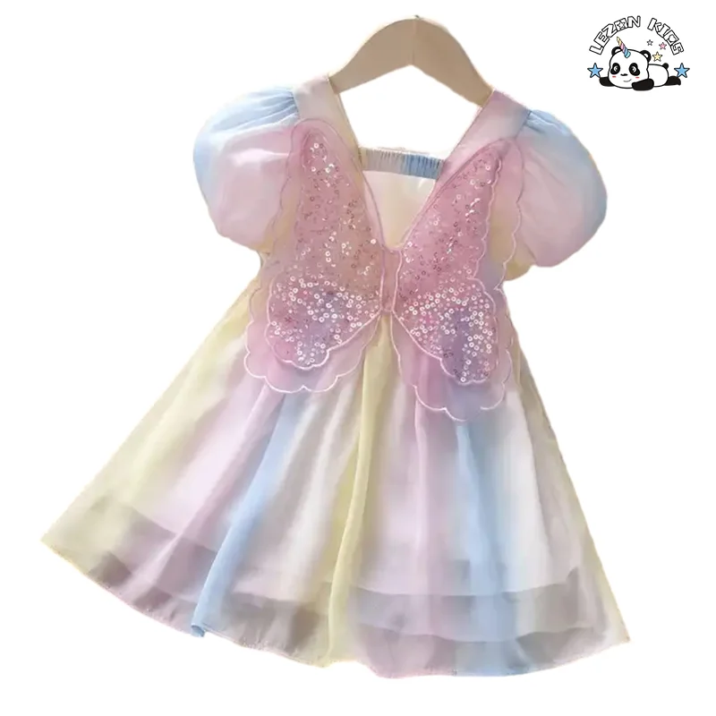 LEZONKIDS - Vestidos de chiffon personalizáveis para meninas, vestidos de princesa com lantejoulas em forma de borboleta para festa